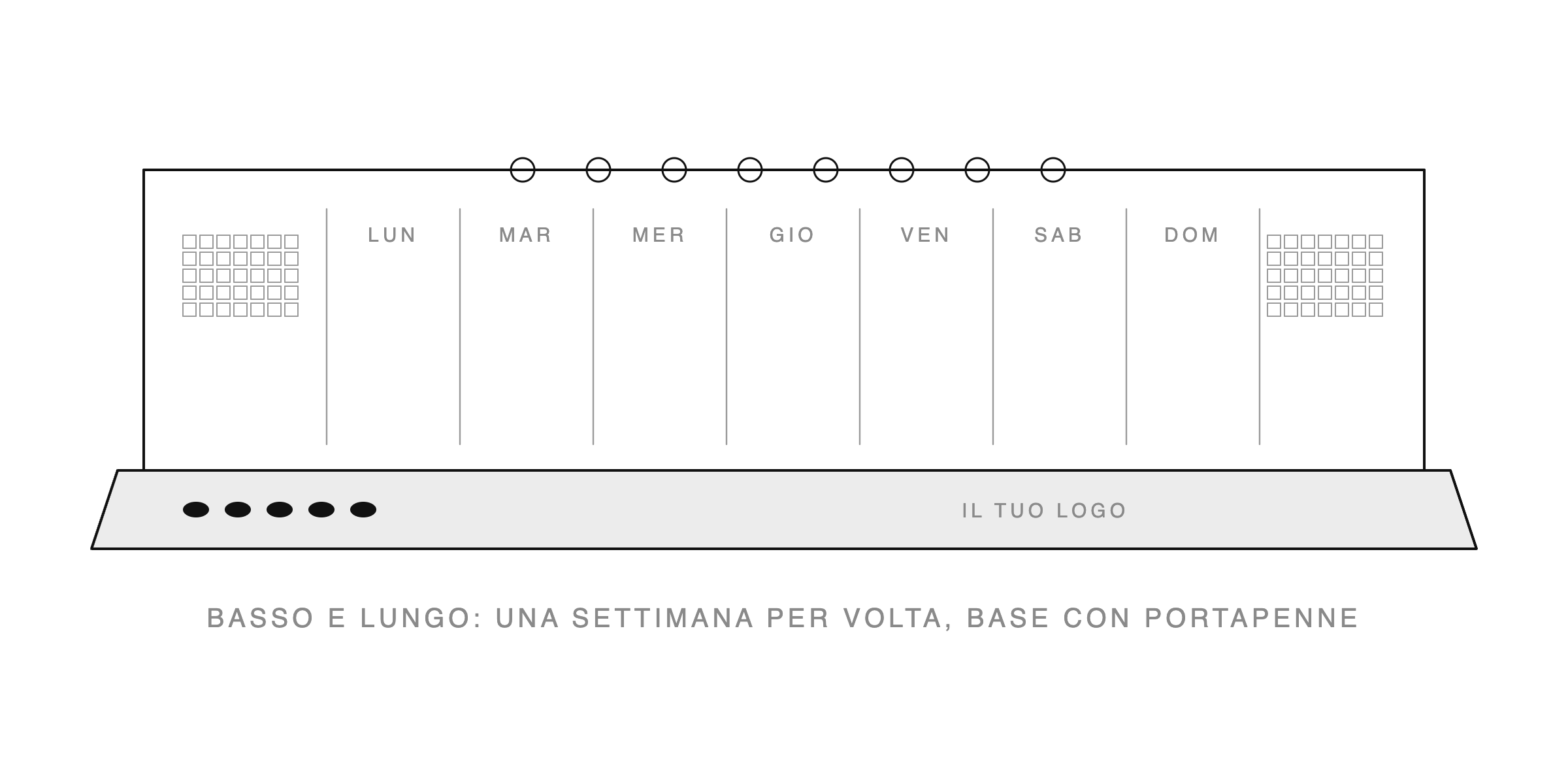 Schema del Timebar: calendario basso e lungo con la settimana, i minicalendari dei mesi vicini e la base con portapenne e logo